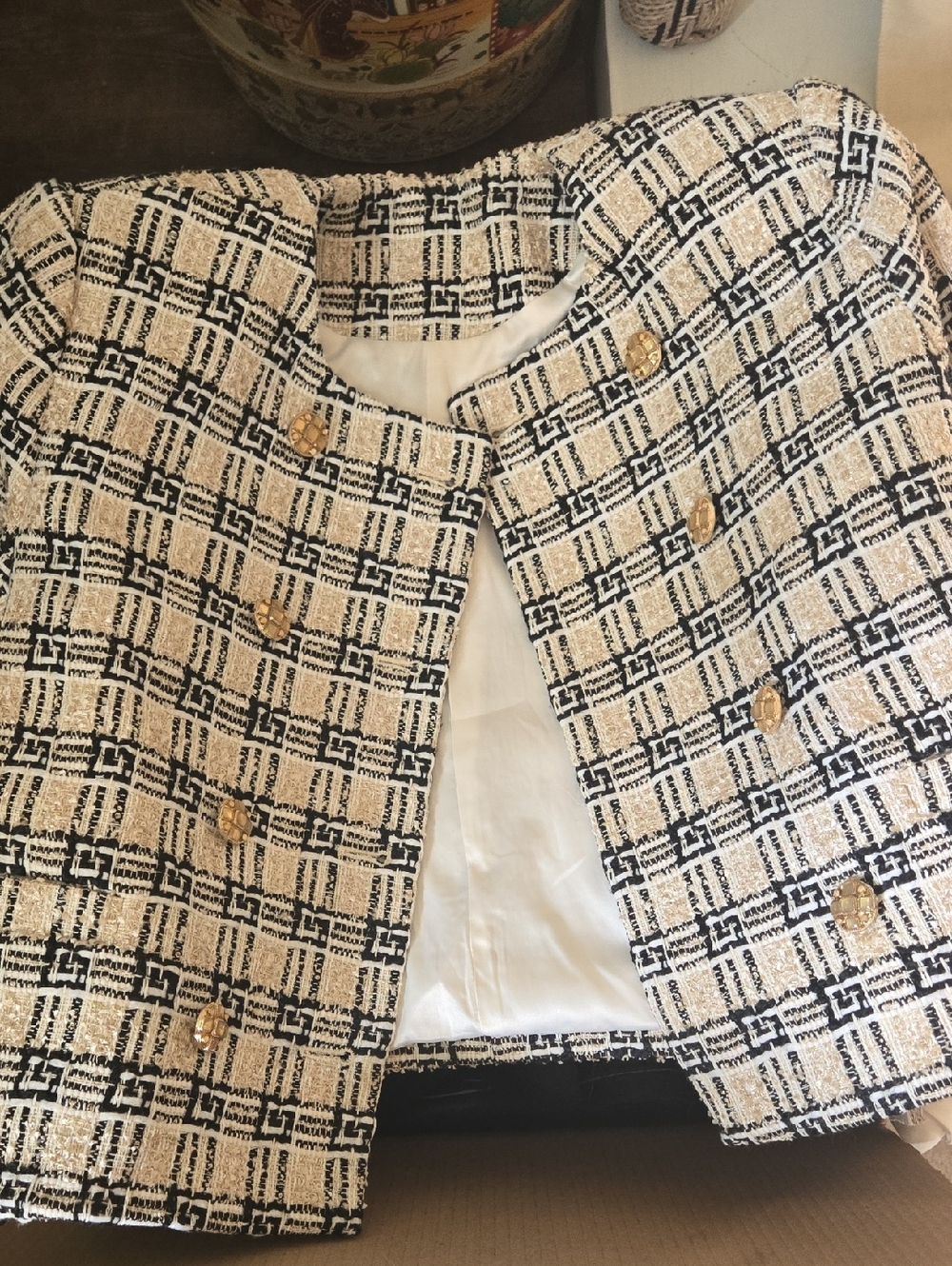 Zara Black & Cream Tweed Blazer with Gold Buttons
